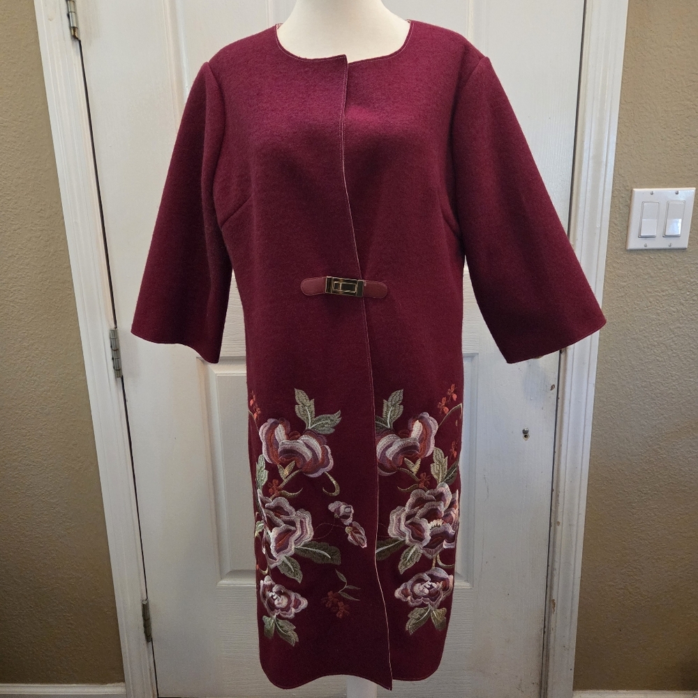 Embroidered Kimono Peacoat Red Medium Wool Blend Floral Coat Duster Formal